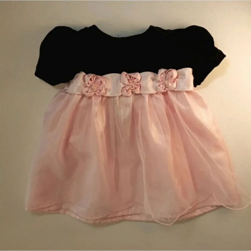 Beautiful Peachy Kids Pink Chiffon Black Velvet Baby Girl Dress Sz 12 Mos